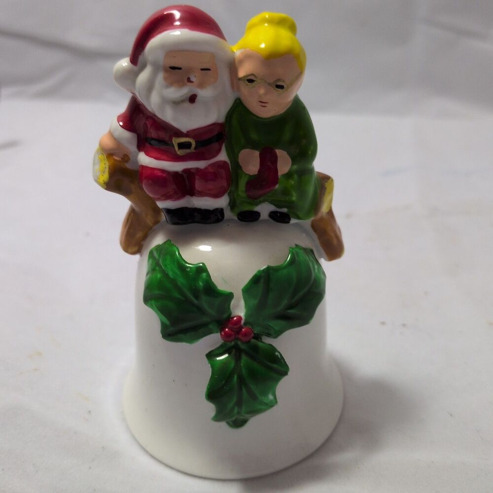 Vtg. Ceramic Christmas Bell - Santa & Mrs. Claus on Sleigh Topper, Retro Holiday